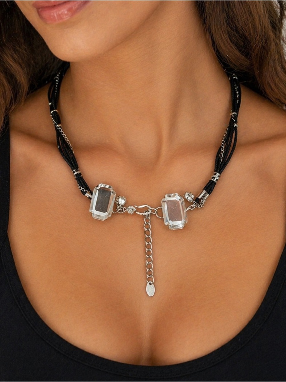 VENUS Layered Black Cord Necklace Crystal Statement Adjustable NEVER WORN